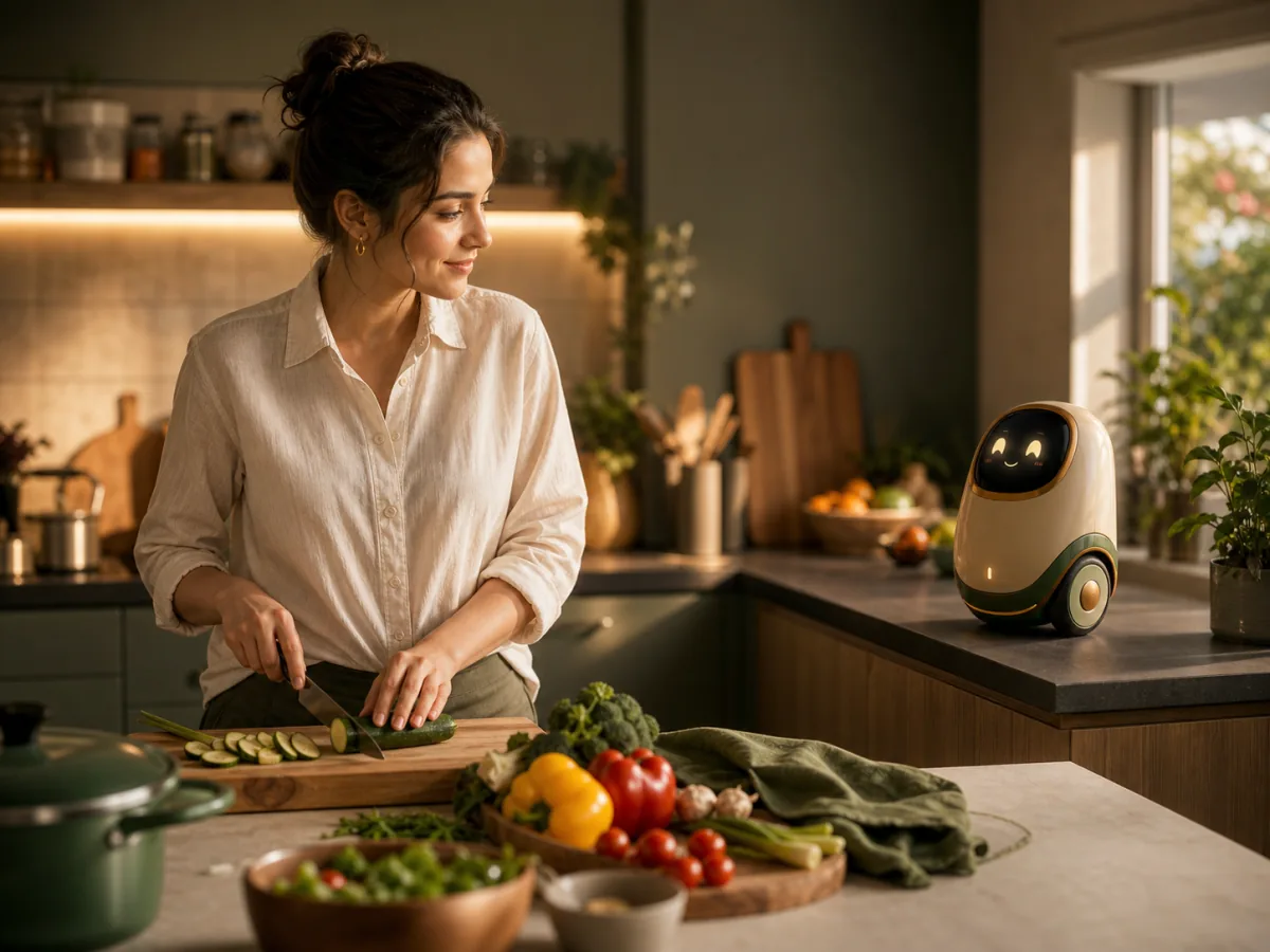 Illustration of a woman cooking with an Adaivo Mini Robot in a home kitchen