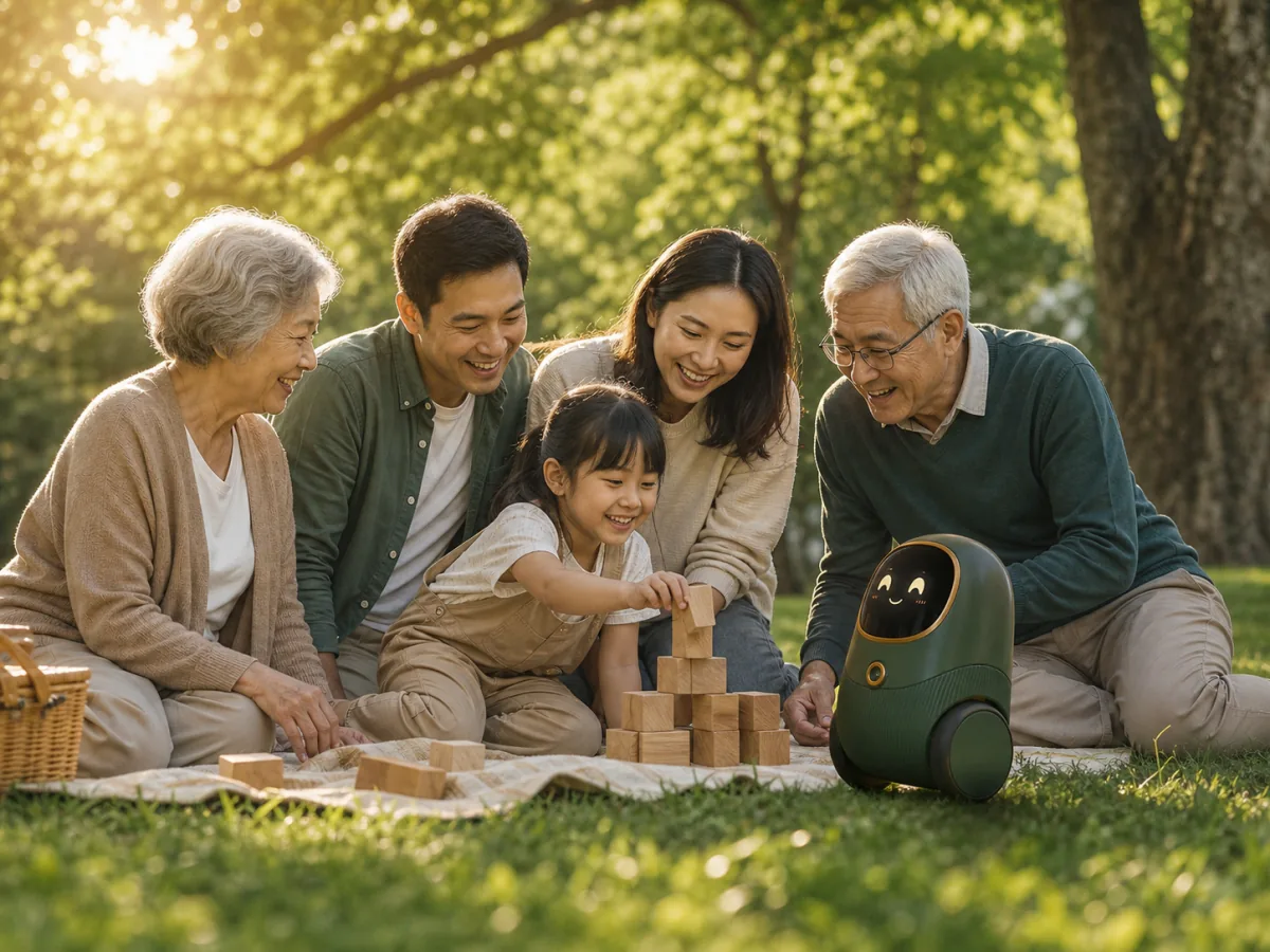 Illustration of a family playing with an Adaivo Mini Robot on a sunny lawn