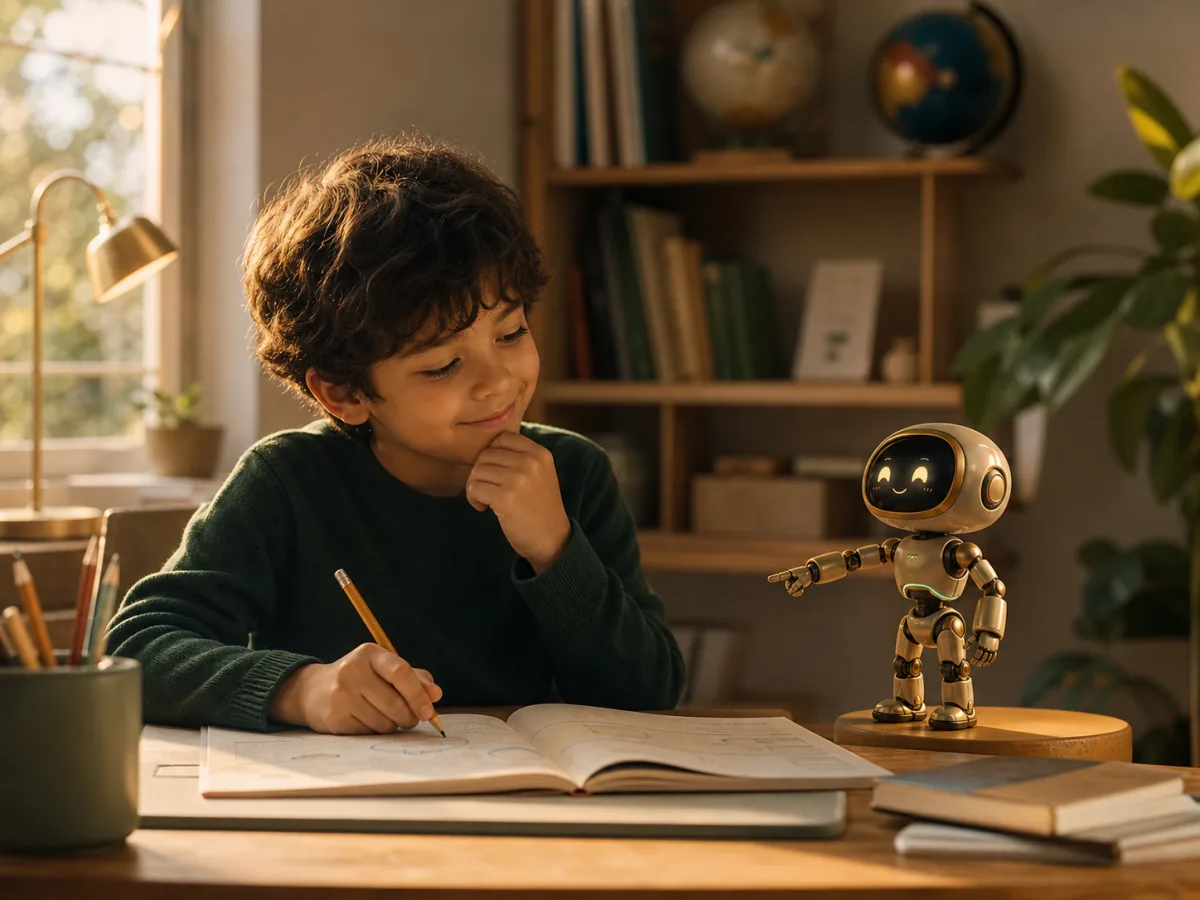 Illustration of a child studying with an Adaivo Mini Robot