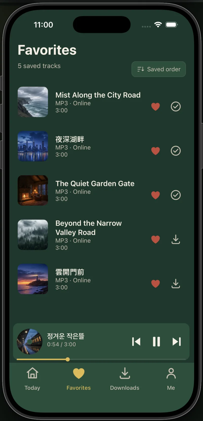 Adaivo Music Favorites screen