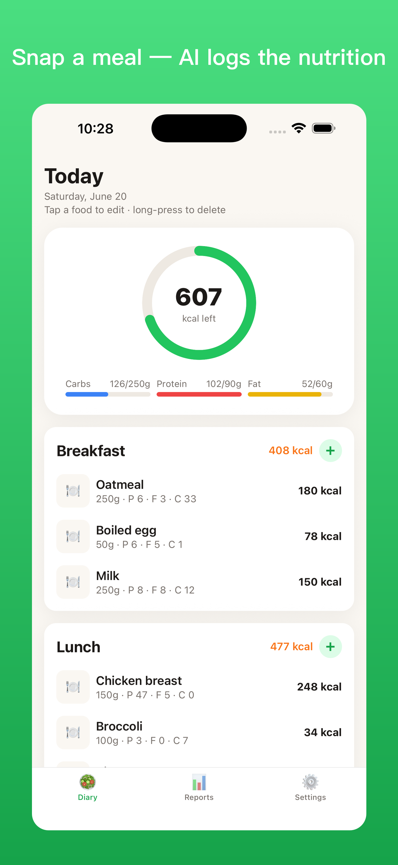 Example Adaivo NutriSnap daily food tracking interface