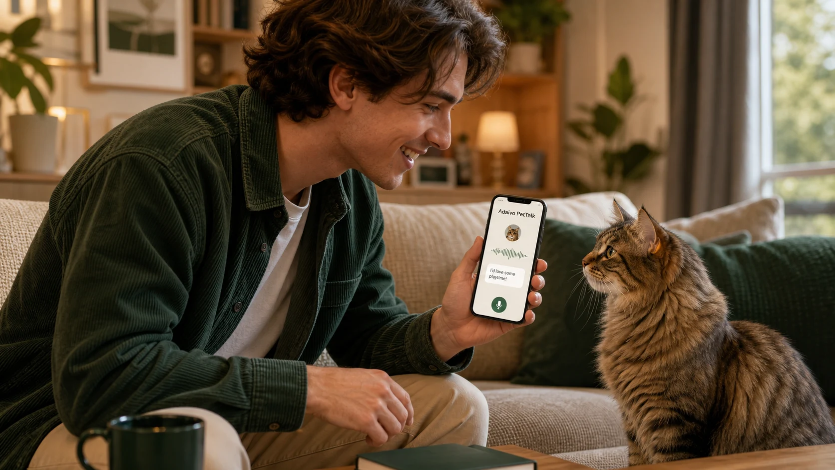 Concept illustration of a young adult exploring Adaivo PetTalk with a cat at home