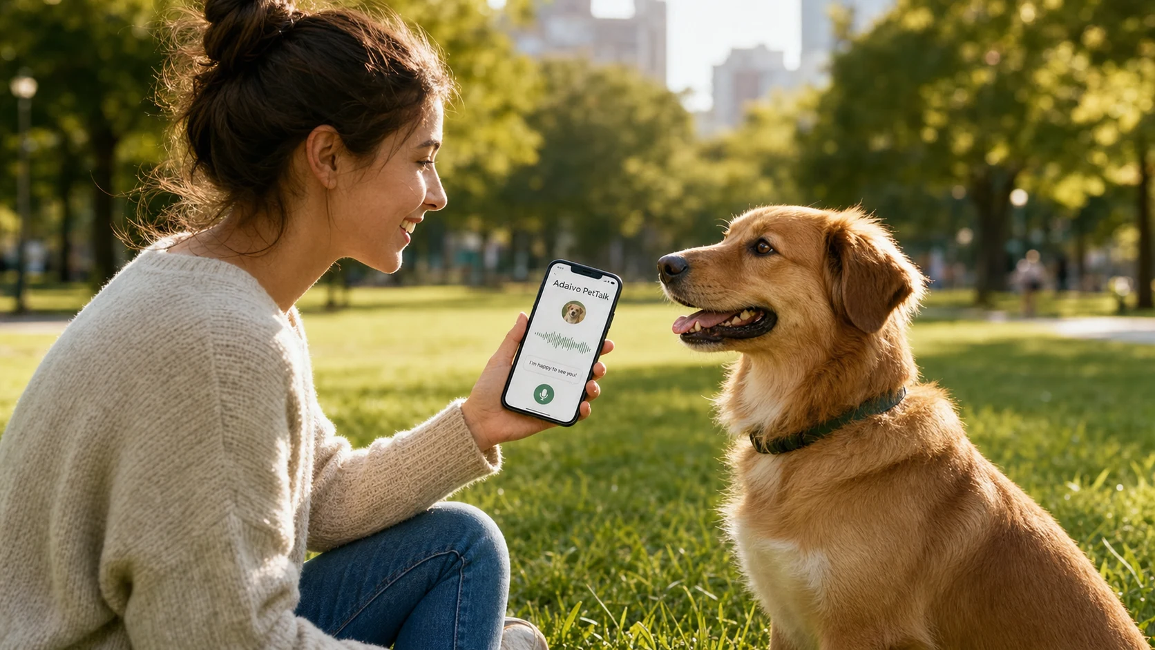Concept illustration of a young adult exploring Adaivo PetTalk with a dog in a park